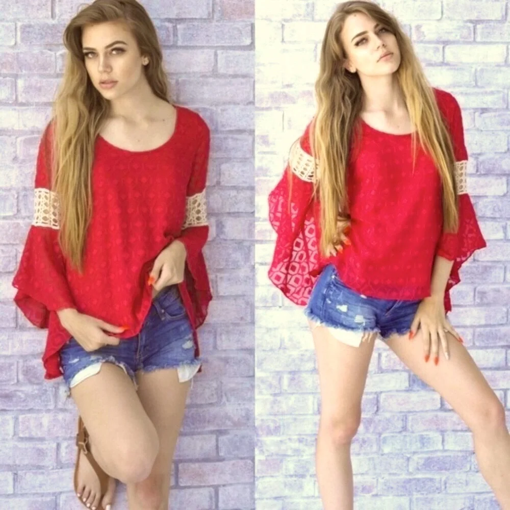 VA VA Boho Embroidered Crocheted Sleeve Detail Top - Picture 1 of 7